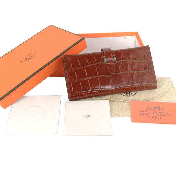 High Quality Hermes Bearn Japonaise Croco Leather Tri-Fold Wallet H308 Coffee Fake - Click Image to Close